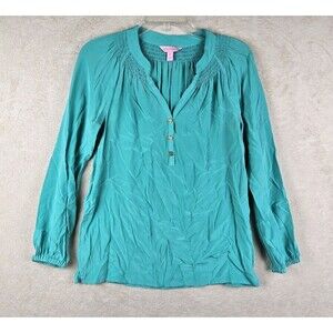 Lilly Pulitzer Women's 100% Silk Long Sleeve V Neck Blouse Top Blue Size XS